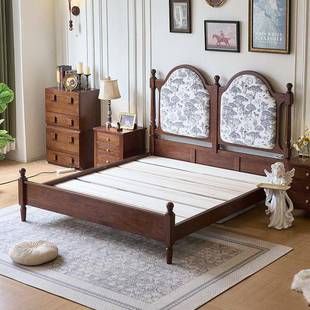 木床法式复古1.5米1.双人床中古风软包靠背红实橡木床主8卧全NTMY
