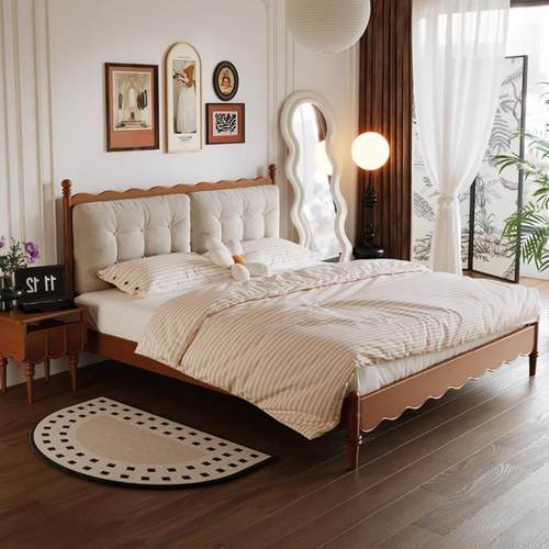 法式复古实木床主卧1.5m大床云朵床1.8双00000现代中油古奶软包人