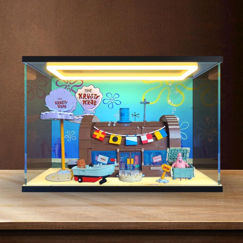 回灯款亚克力展示盒适用AREAX砖区海绵宝宝蟹堡王餐厅积木模型