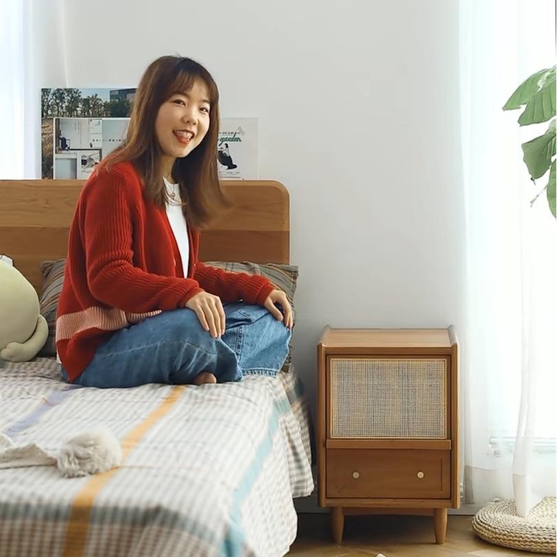 樱桃木床头柜阑珊床头柜藤编实木床头柜