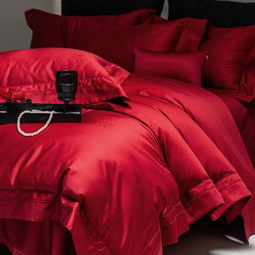 100支阿瓦提长绒棉高端婚庆四件套大红提花喜庆套件全棉纯棉被套4