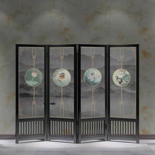 时尚仿古新中式家居书房办公室装饰实木隔断可折叠原木纱画屏风