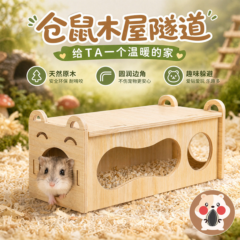 拼接笼用仓鼠隧道屋安全避风港实木制侏儒鼠微笑隧道小屋