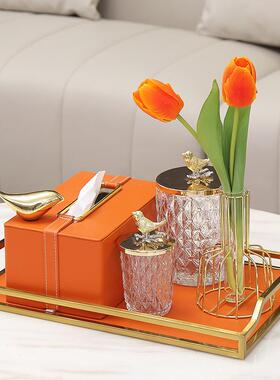 现代简约轻奢风橙色革遥控收纳皮托LUE纸盒茶几家用纸抽巾花艺盘