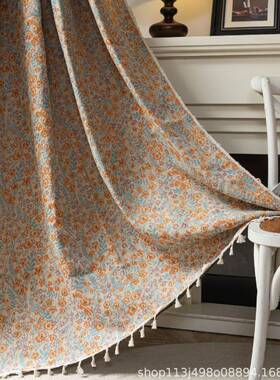 窗成品窗帘小清花新橘色碎花提白色流苏VCC半遮光隔热飘窗帘客厅