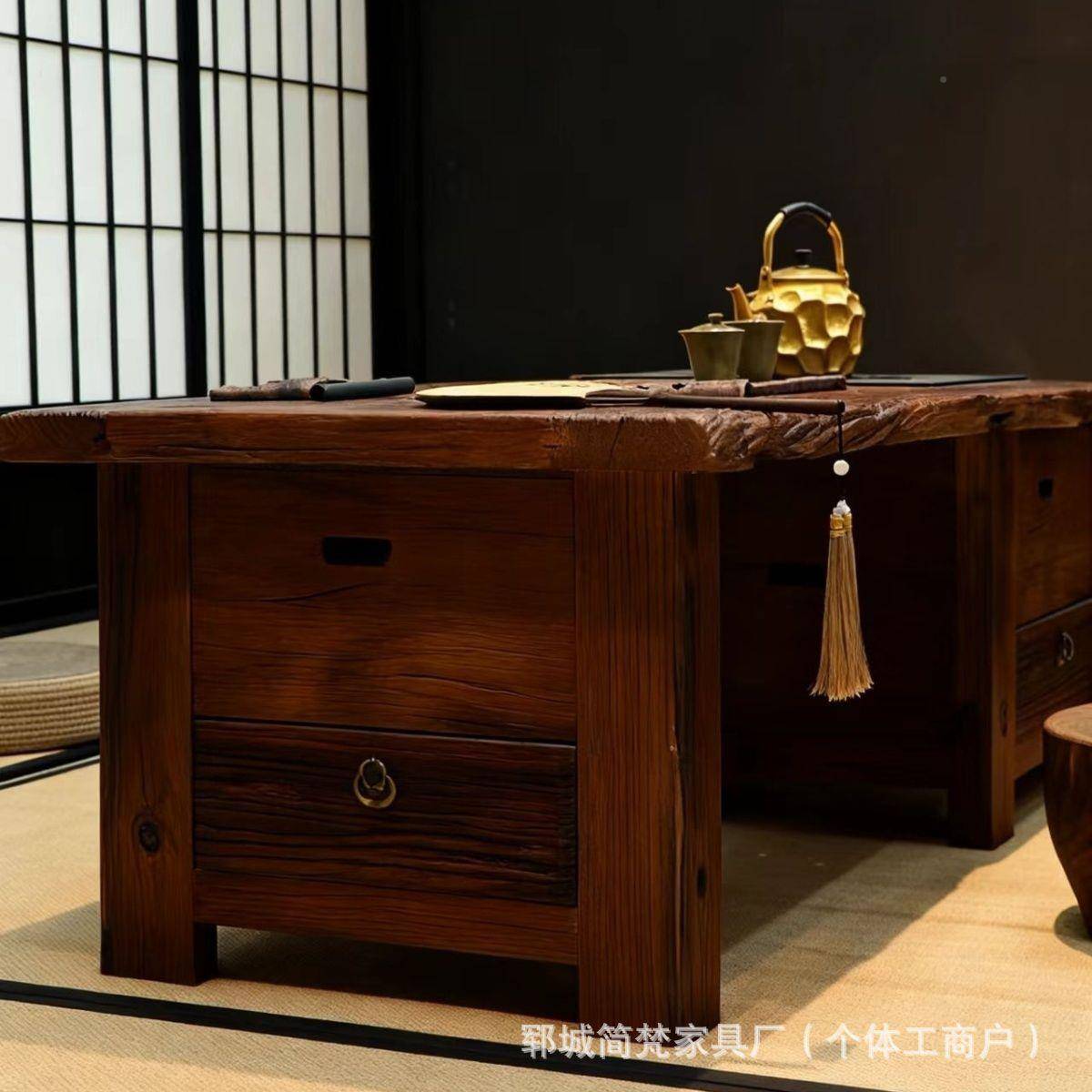 北方老榆木围炉桌长方茶桌民宿实木泡冬取暖VVD季烤火桌围炉煮形