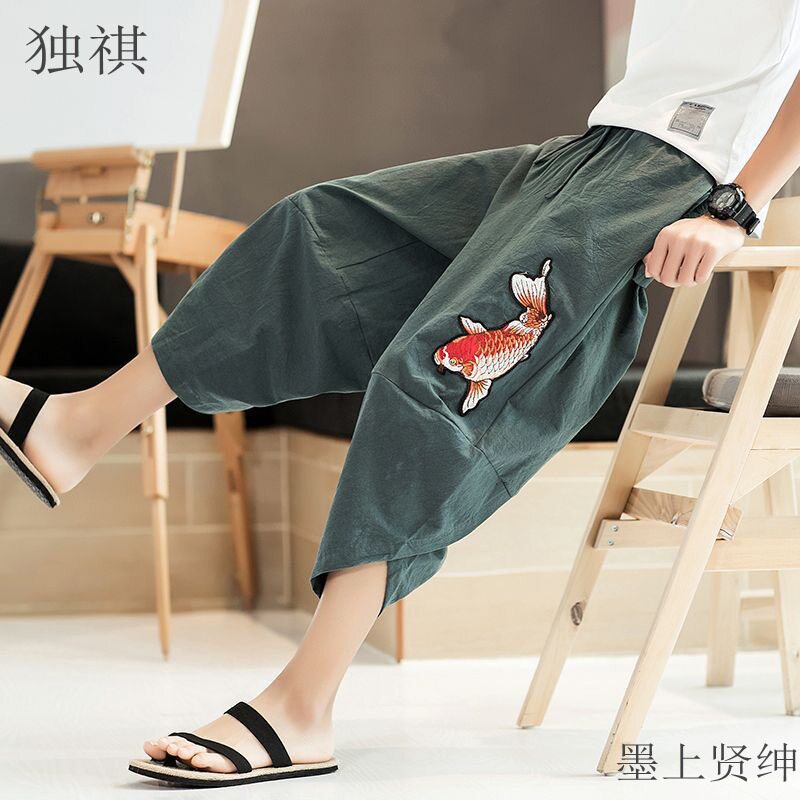 夏季亚麻短裤男宽松大码休闲七分裤中国风男装刺绣阔腿灯笼哈伦裤
