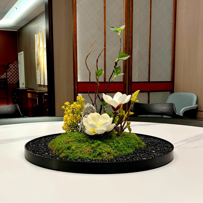 酒10035050店餐大圆间形转盘中摆花苔藓景桌摆观假花包厢花艺装饰