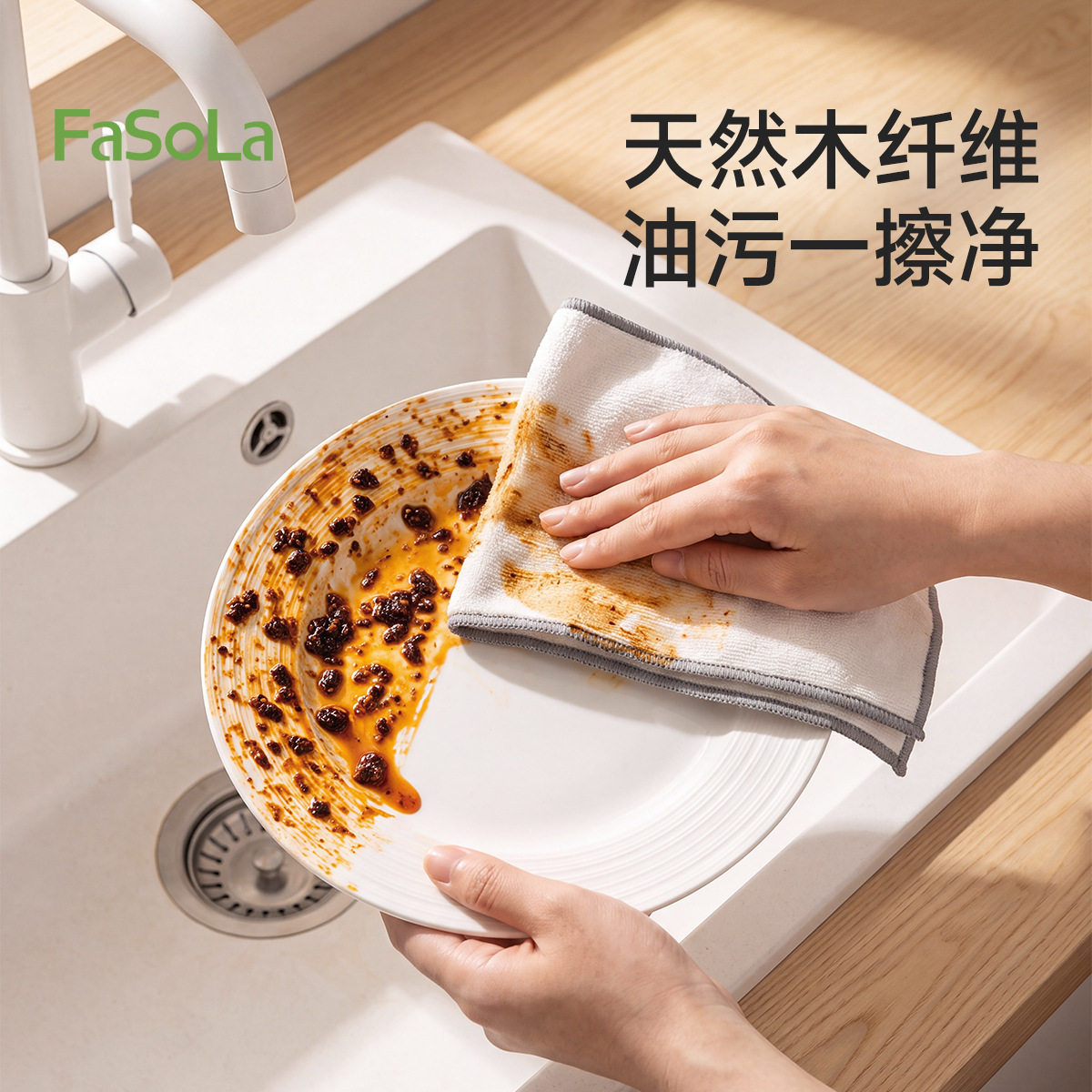 FaSoLa木纤维抹布不沾油易清洗10A抗菌去污擦桌布厨房专用洗碗布