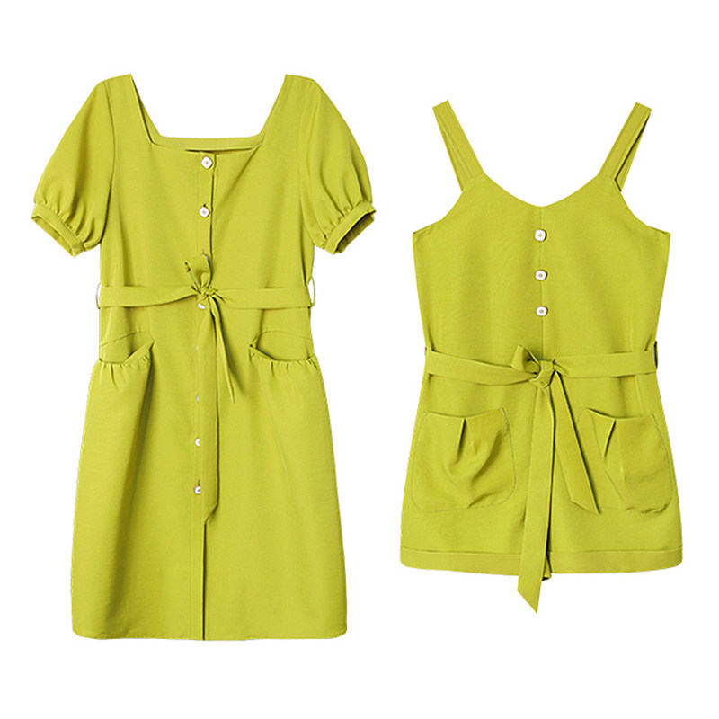 裙子女夏2021新款复古方领牛油果绿色连衣裙连体裤不一样的闺蜜装
