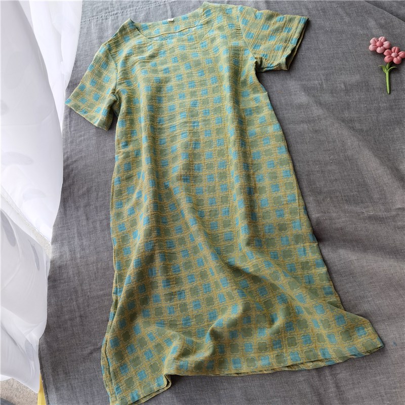 色织纱复古提花女格子圆领短袖连衣裙睡裙家居服裙子可外穿