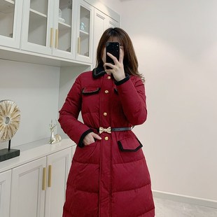 浩可可 午夜玫瑰 羽绒服女红色圣诞单排扣中长款外套