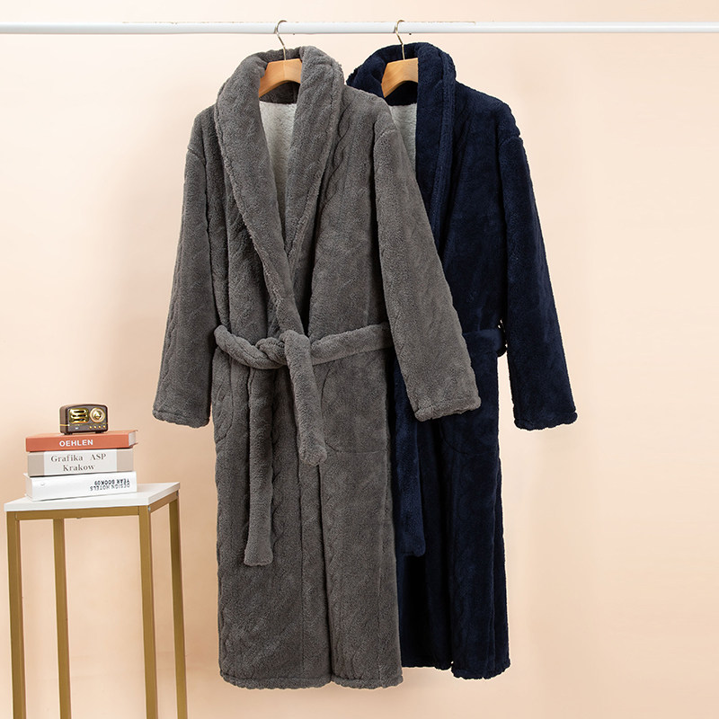 冬季珊瑚绒睡袍男秋冬款加绒加厚长款法兰绒男士长袍睡衣外套浴袍