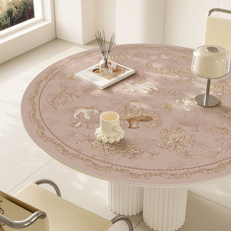 法式复古轻奢少女圆形皮革餐桌垫茶几台桌布防水高级感保护垫台布