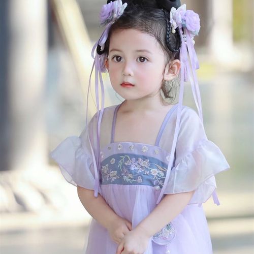 薰衣草高级感短袖汉服女童连衣裙唐代公主裙十二星座夏薄古风改良