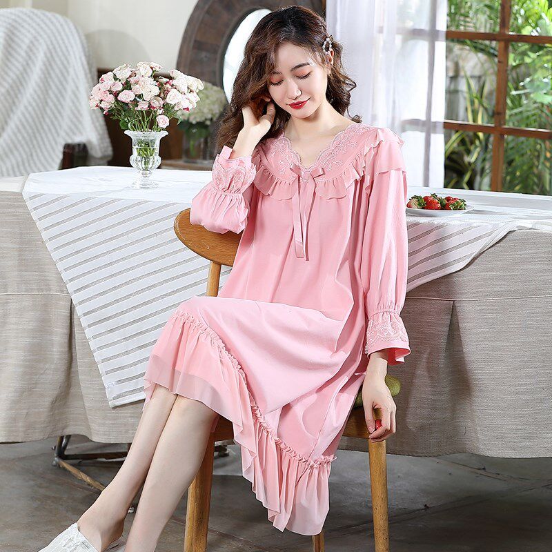 睡裙女春秋季纯棉V领长袖薄款公主风中长款冬全棉宫廷风睡衣裙子