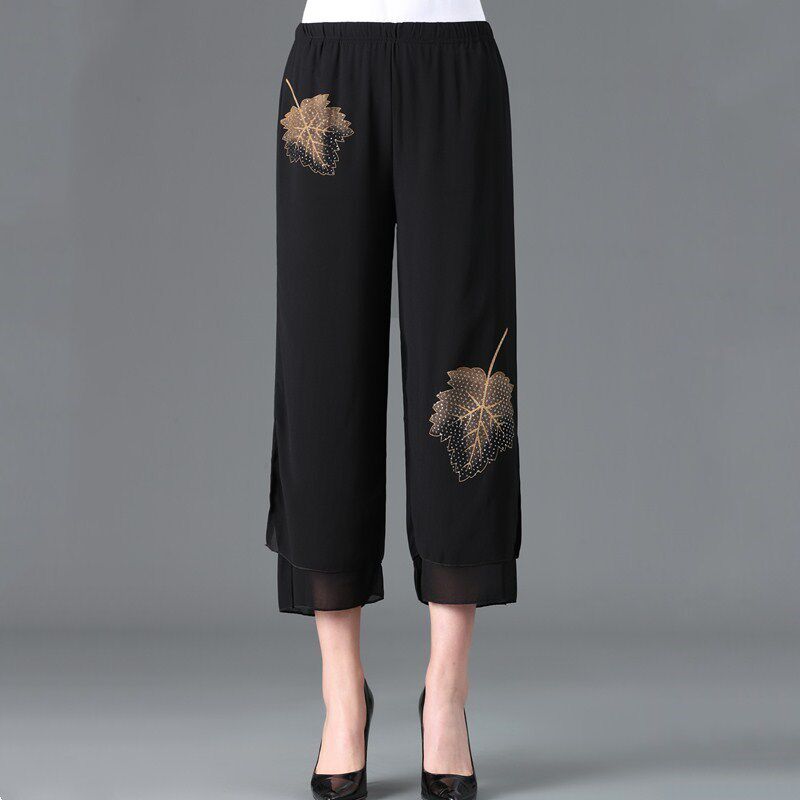 妈妈装高腰裤子夏季薄款休闲雪纺七分裤中老年女裤奶奶装宽松直筒