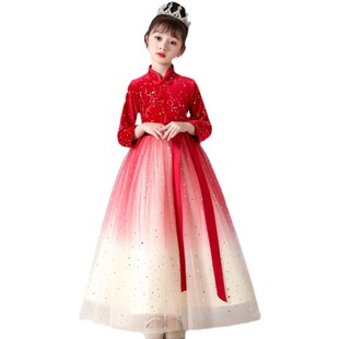 女童旗袍公主裙冬季走秀表演古筝演出服儿童主持人中国风礼服秋冬