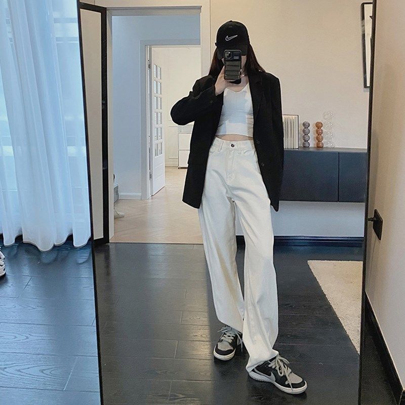 2024早春新款白色直筒牛仔裤女宽松垂感高腰阔腿长裤子显瘦窄版裤,女装/女士精品,牛仔裤,淘宝优惠券,粉丝福利购,淘宝优惠卷