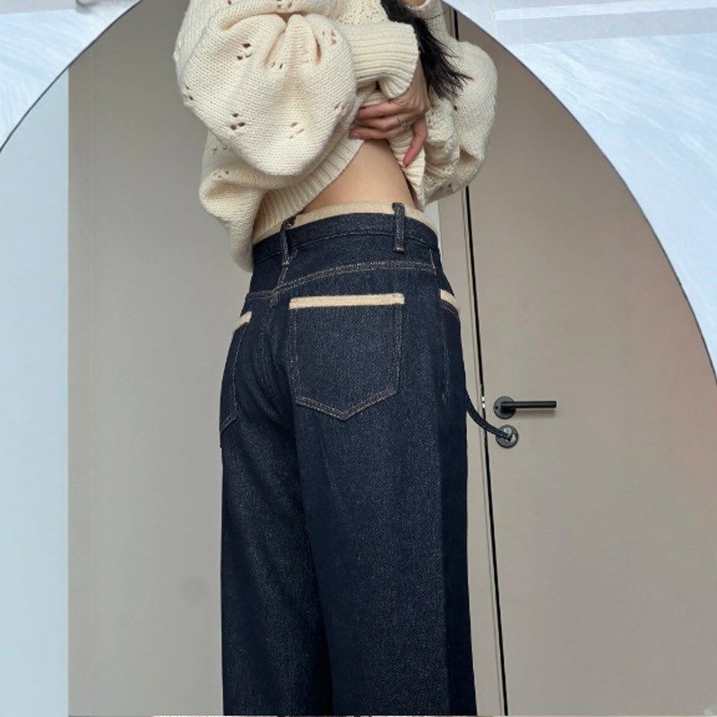 复古深蓝色高腰加绒加厚牛仔裤女2024冬季新款窄版显瘦直筒阔腿裤