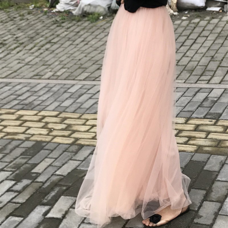 粉色百褶网纱超长半身裙女夏长款半裙拖地纱裙温柔仙女及踝长裙子