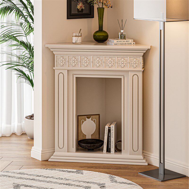 谷及 法式简约三角雕花壁炉客厅玄关角落边柜装饰靠墙收纳置物架