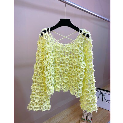 纯手工钩织立体玫瑰花针织衫长袖交叉美背镂空钩花套头短款上衣秋