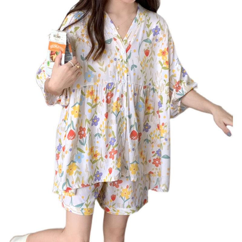 短袖短裤棉绸睡衣女薄款日式套装清新开衫夏季学生宽松大版家居服