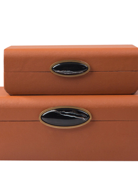 橙色皮革首饰盒高档样板间储物盒衣帽间台面新中式蓝软装饰品摆件
