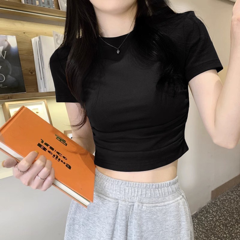 白色正肩短袖t恤女装夏季2024新款爆款修身半袖高腰黑色短款上衣
