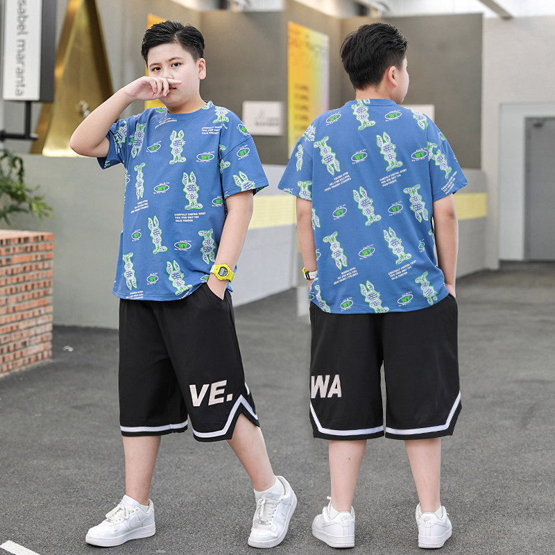 小胖子夏装加肥加大男童宽松大码短袖套装中大童薄款t短裤休闲2件