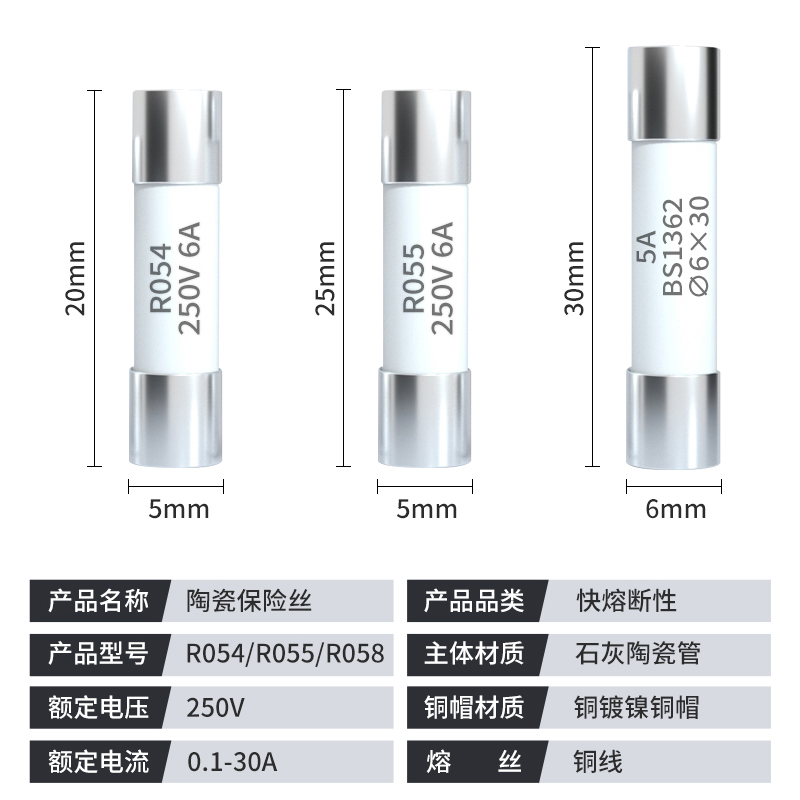 R055熔断器保险丝管RO54熔芯R058陶瓷250V芯子1A2A3A6A8A10A20A30