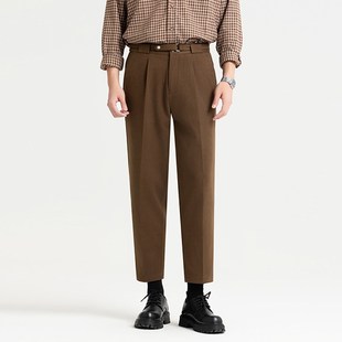 秋冬高级感腰带设计免烫西裤男款直筒宽松高端九分休闲加厚毛呢裤