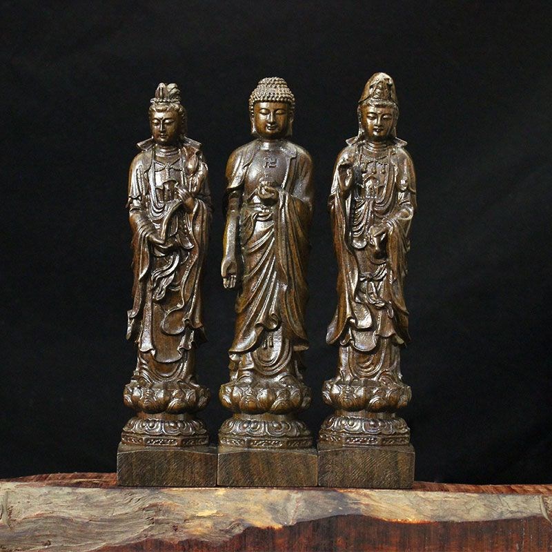 速发越南沉香木雕西观三圣菩件大势至方音摆萨阿弥托佛像实木家居