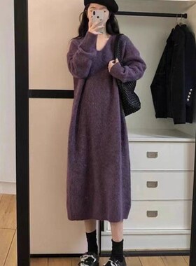 速发大码配大衣加厚秋织毛冬裙胖妹妹针衣高级感宽松紫色v领连衣