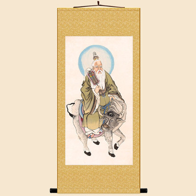 速发复古版卷陆画 骑子老青牛出关图 绢布水轴挂画人物装饰画