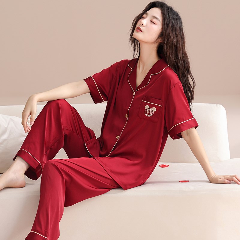速发睡衣长裤红色本命服新款夏季高薄感级款家居年结婚新婚