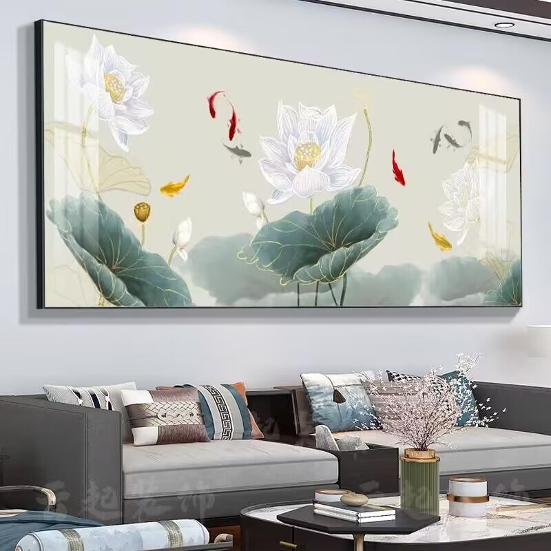 速发画024新款客画荷花装饰2国厅中式九鱼莲花挂画横版沙发背景墙