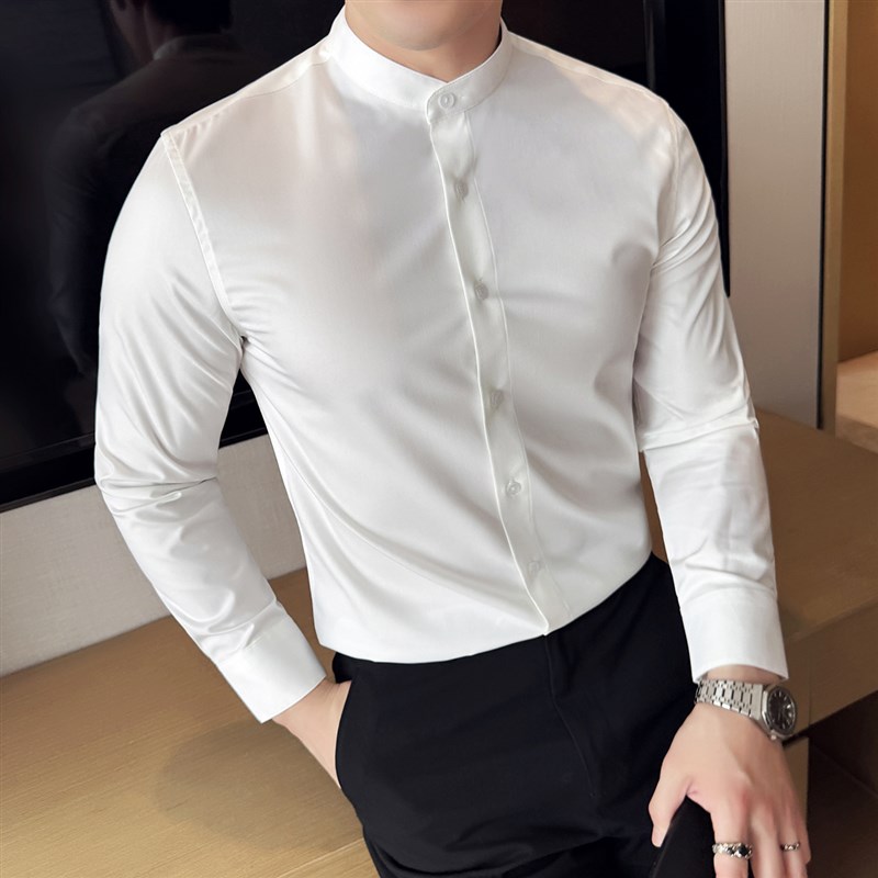 速发新衬式立领男士长袖白级感休闲时尚百搭商务抗皱高色中衣