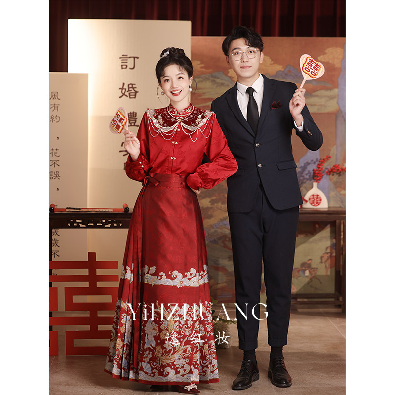速发红色马新裙敬酒婚套装2024面款夏季中式订婚旗袍婚服新娘结服