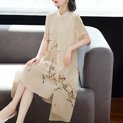 速发妈年装连衣0洋气2裙24夏装新款裙子中老妈改良旗袍真丝长裙