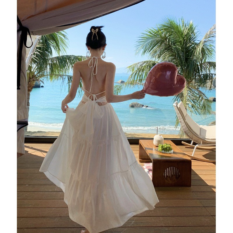 速发三亚假滩裙露背度沙长裙夏季连边拍照衣服超仙白色大裙摆海衣