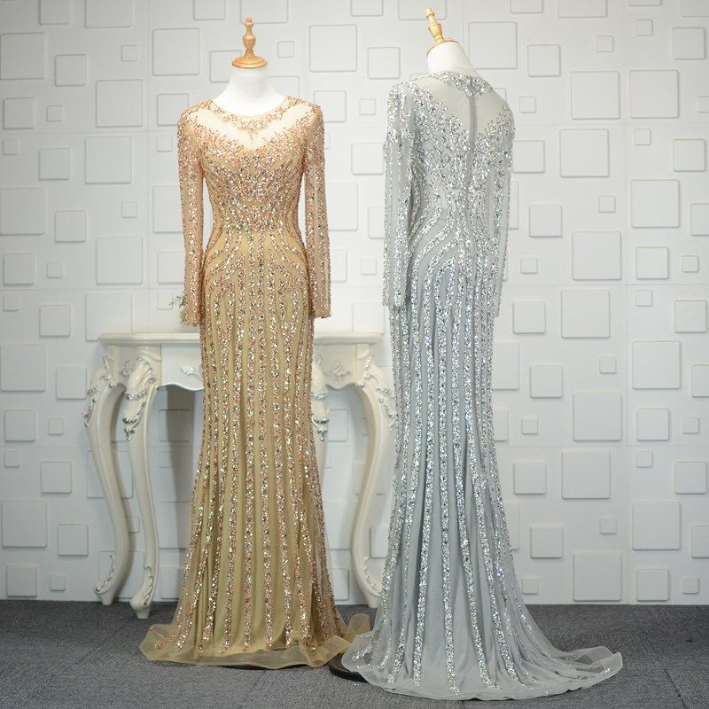 速发长人晚礼会高端重工钉珠鱼尾礼服长裙宴会裙年会晚服主持袖长