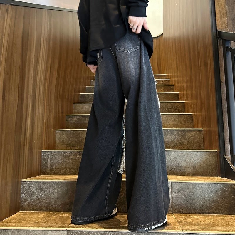 速发美式复古破洞牛仔裤男设计感帅阔炸街直筒宽松设计感痞腿裤子
