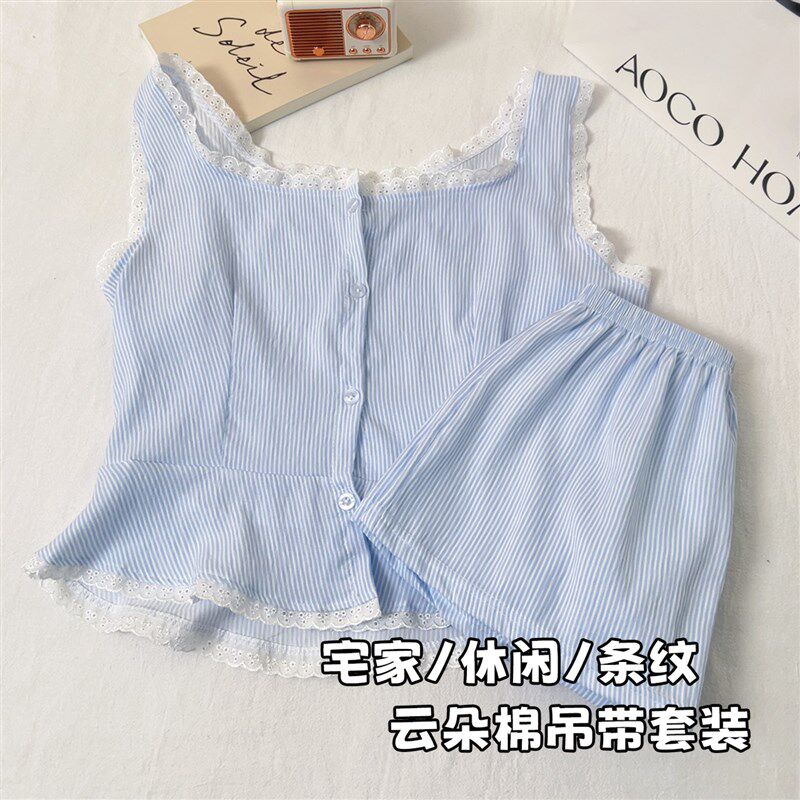 速发睡衣款夏季2025新款简约条纹吊带短裤夏天可外穿薄款家居服套