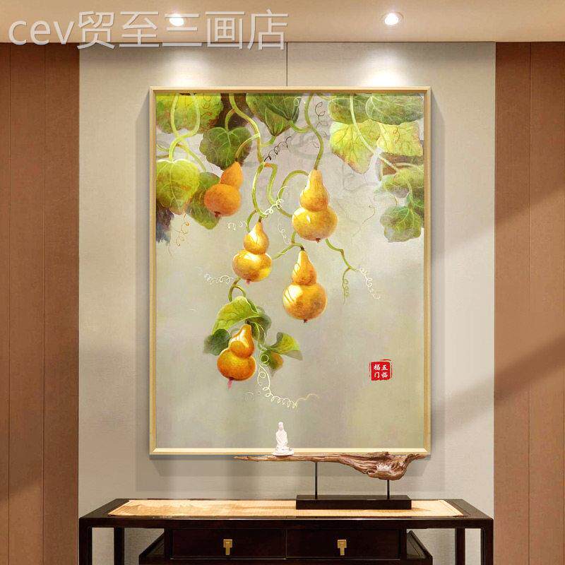 网红福临门葫芦画新中美式饭厅玄关装饰五画入户挂式走廊道手绘油
