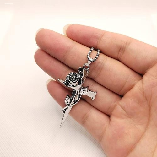 个性覆古玫瑰花十字架项炼男士潮