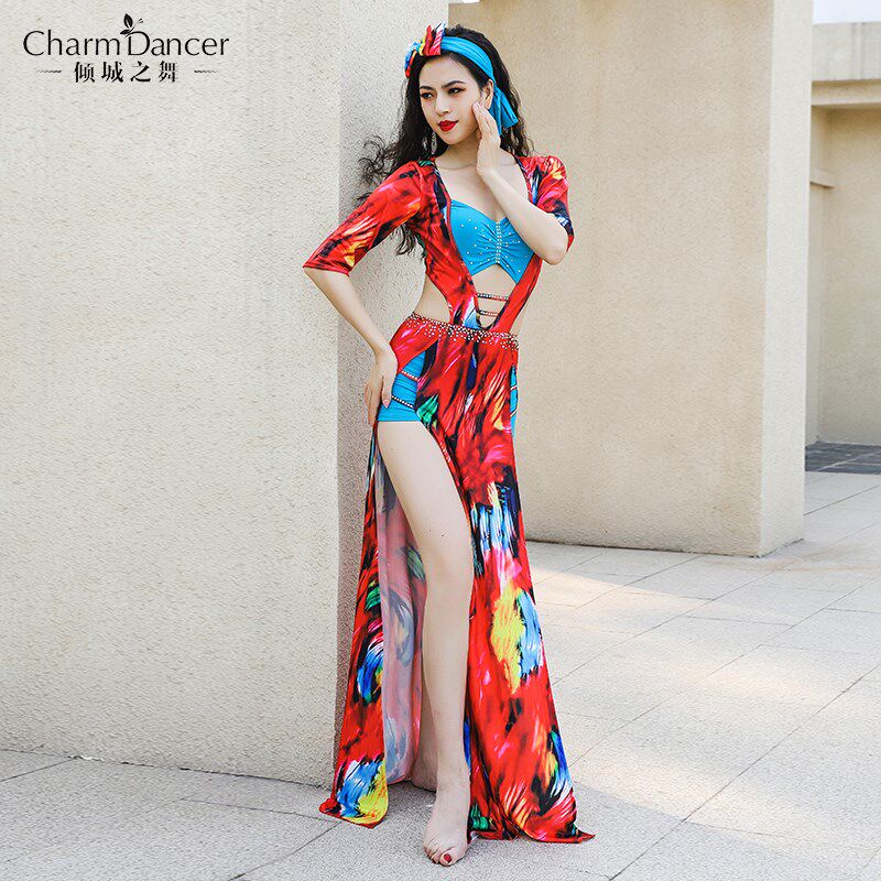 速发202练款肚皮d时尚印花撞色shbi表演服 ba舞i新功服