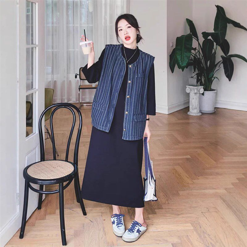 速发牛仔计纹马甲套装春秋202裙新款设条感小众宽松黑色卫衣5两件