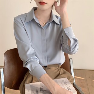 速发灰蓝色缎面春袖 气质上衣 长垂感正勤高级感衬衣职业通装